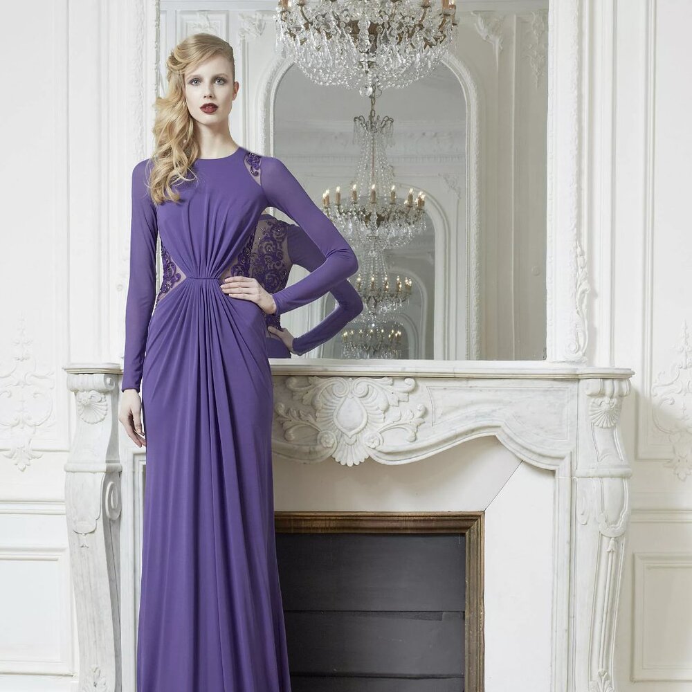 NWT$3740 Zuhair Murad US 8 M Purple Long Sleeve Jersey Evening Gown Dress Beaded
